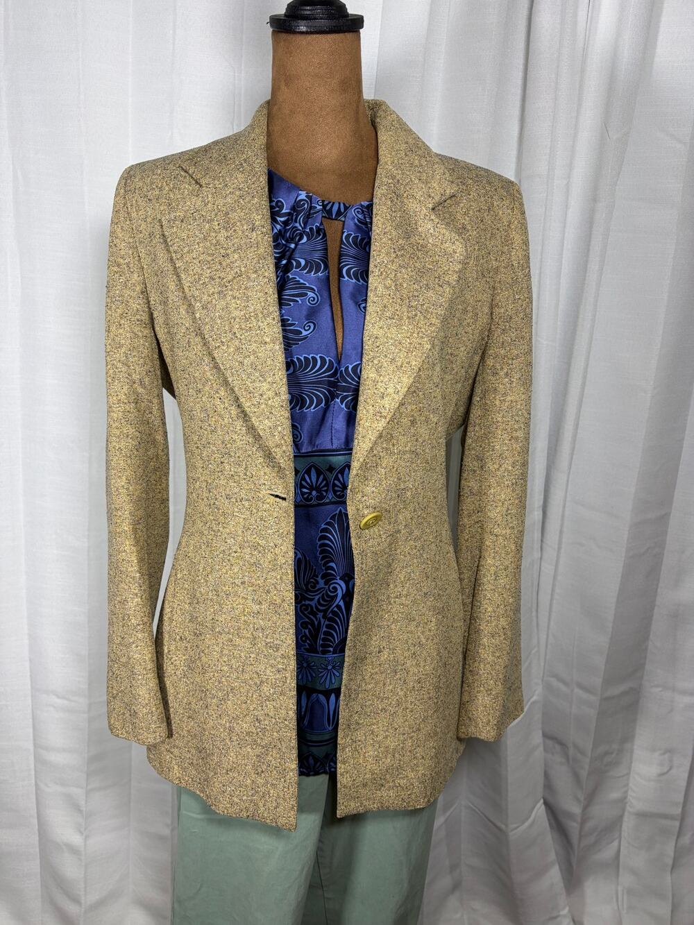 Austin Reed Womens 4 Silk Tweed Blazer Tan Gold Flecked One Button Made in USA